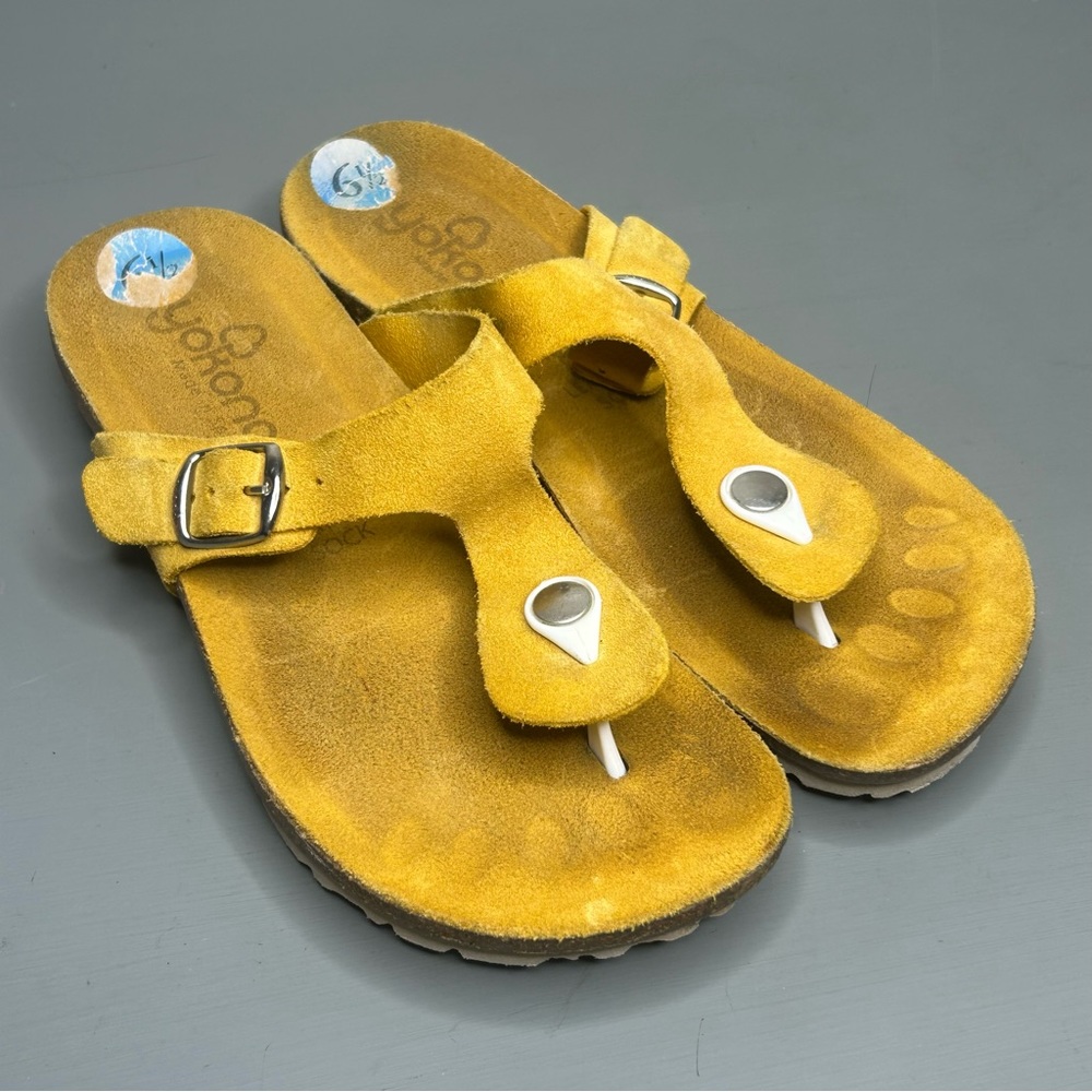 Yokono Yellow Leather Crossband Buckle Cork Footbed Comfort Sandals size 6.5